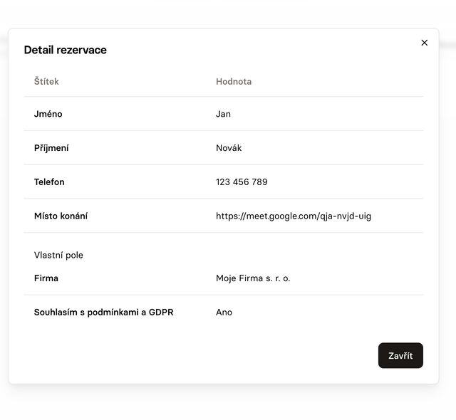 Detail a data z vlastních formulářů zobrazené při rezervaci.