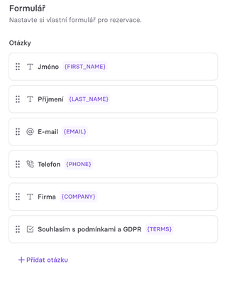 Nastavení vlastních polí v rezervačním formuláři.