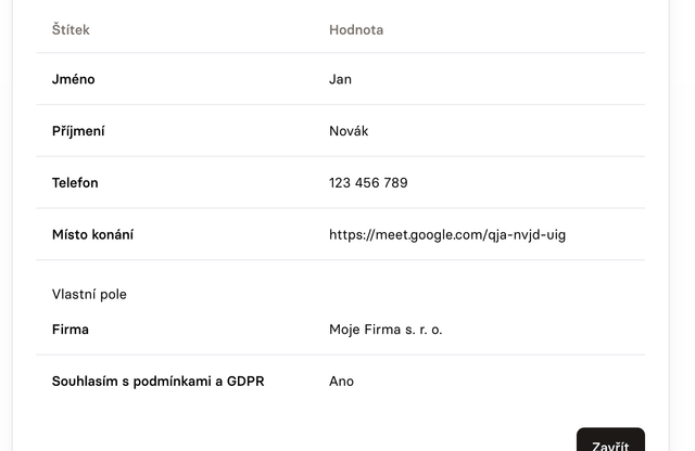 Detail a data z vlastních formulářů zobrazené při rezervaci.